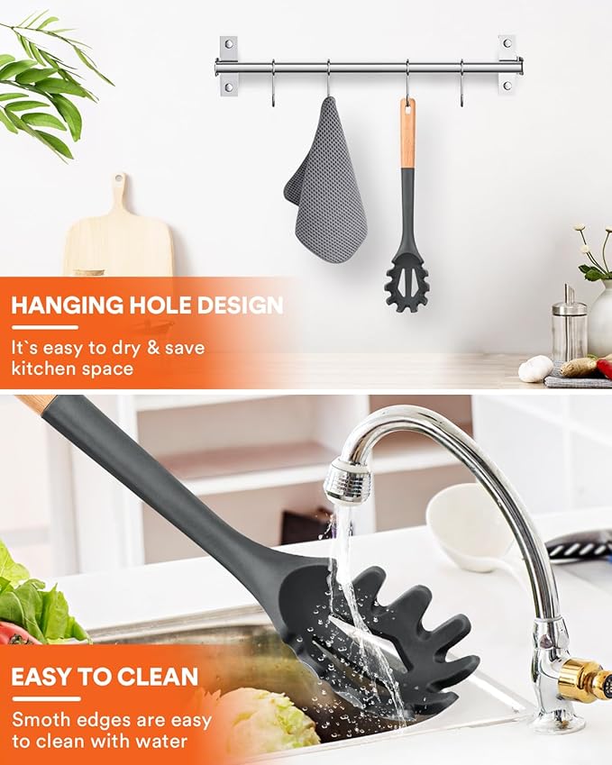 Silicone Pasta Fork, Kitchen Heat Resistant Noodle Spoon Server, BPA Free Spaghetti Strainer,12.8 inch (Grey)