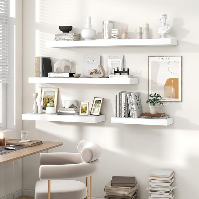 Heimlove 48" White Floating Shelves for Wall,10 Deep Rustic Wood Display & Storage Wall Shelves with Heavy Duty Brackets for Bathroom,Bedroom,Kitchen,Living Room,Office