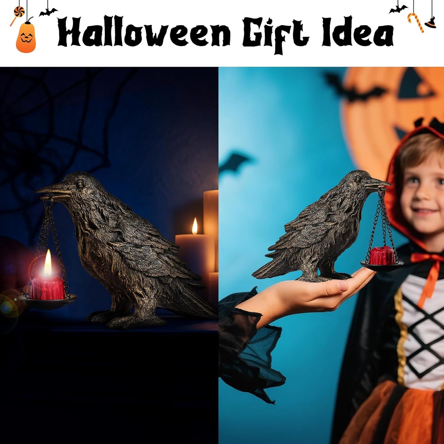 Gothic Home Decor Fake Crow Light Holder Raven Lamp Tealight Candle Holder Resin Statue Half Gold