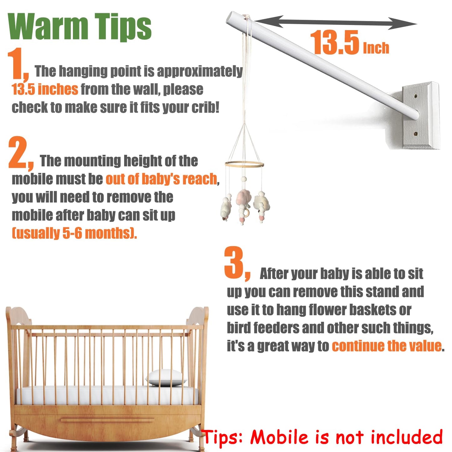 Crib Mobile Wooden Arm, Wall Mounted Suitable for All Cribs 100% Natural Larch Hanger Nusery Decor Baby Room Safe Holder(Mobile is not Included