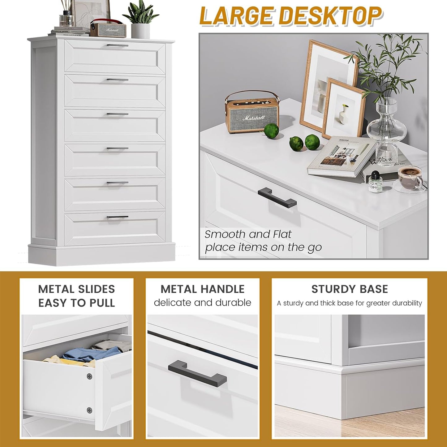 White 6 Drawer Dresser, 55 Inch Tall White Dresser for Bedroom, Modern Farmhouse Style Chest of Drawers for Bedroom Living Room, Wood Rustic Tall Clothing Organizer for Closet, Living Room, Hallway