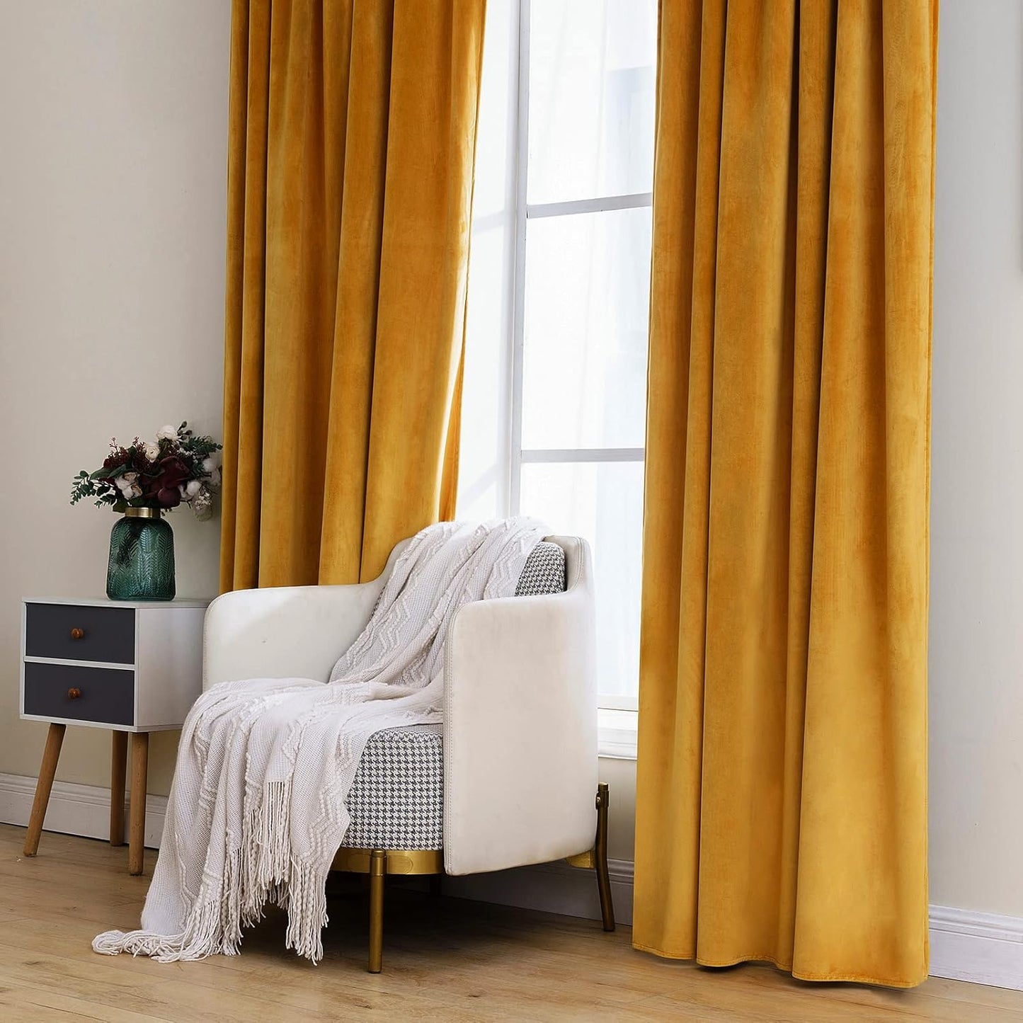 MIULEE Mustard Yellow Velvet Curtains 84 Inches Long 2 Panels - Pinch Pleated Room Darkening Curtains for Bedroom Living Room Blackout Thermal Insulated Super Soft Fall Window Drapes Back Tab