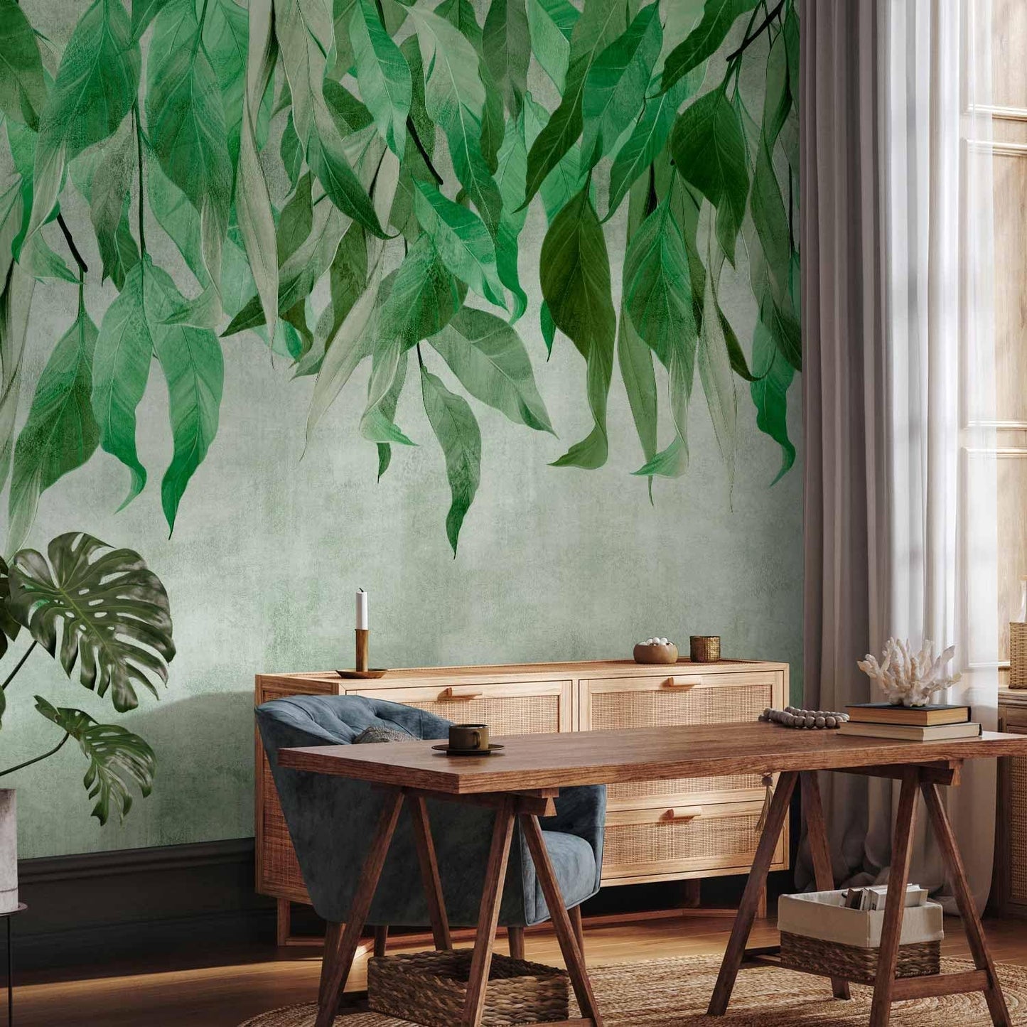 artgeist Wall Mural Hanging Leaves 135x101 in - Peel and Stick Self-Adhesive Wallpaper Removable Large Sticker Foil Wall Decor Print Picture Image Design Nature Botanical Concrete Green b-C-10146-a-a