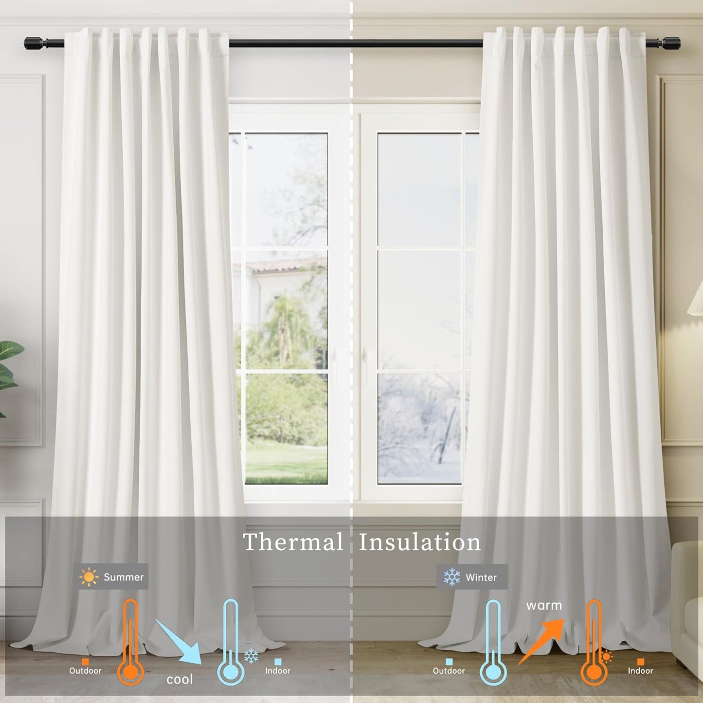 BOODII Ivory White Blackout Curtains 63 Inch Length for Bedroom Window Room Darkening Full Light Blocking Curtains Back Tab Neutral Elegant Black Out Curtain Thermal Insulated Linen Drapes 52x63