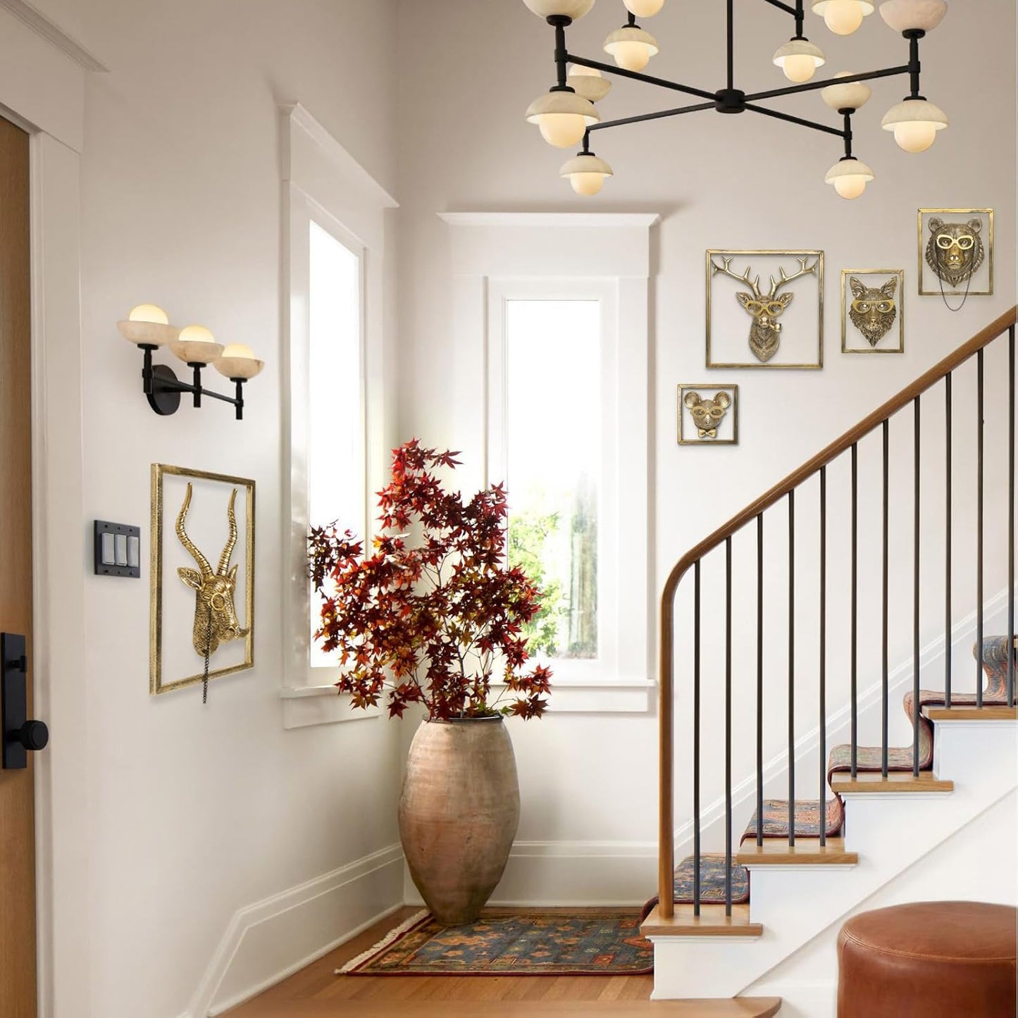 Animal Heads Wall Decor (5pcs, Includes Metal Frame) Resin Animals Sculptures Head Wall Hanging Decoration Gold vintage Wall Sculpture for Living Room Bedroom Office