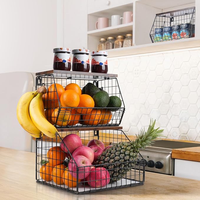 Fruit Basket, Stackable Wall Mounted Fruit Baskets, Potato Baskets Onion Storage for Kitchen, Hanging Wire Basket with Wood Lid, 2-Tier Vegetable Organizer Kitchen Countertop Organization