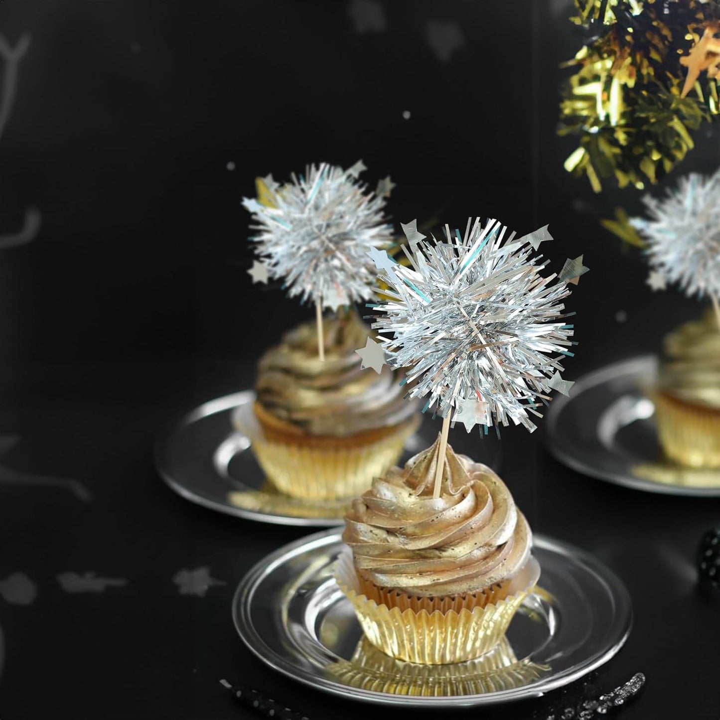 Ephlyn 30Pcs Foil Firework Cupcake Toppers Party Birthday Cake Toppers Supplies Sparkle Tinsel Cocktail Fruit Toothpick for Birthday Wedding Graduation Party Silver