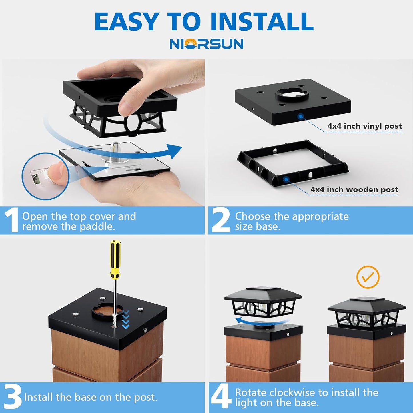 NIORSUN Solar Post Lights Outdoor, Fence Post Solar Lights Warm White Outdoor Waterproof Edison LED Bulbs Garden Patio Fence Deck Decor, 4x4 Post Caps Wood Vinyl, Black 12 Pack