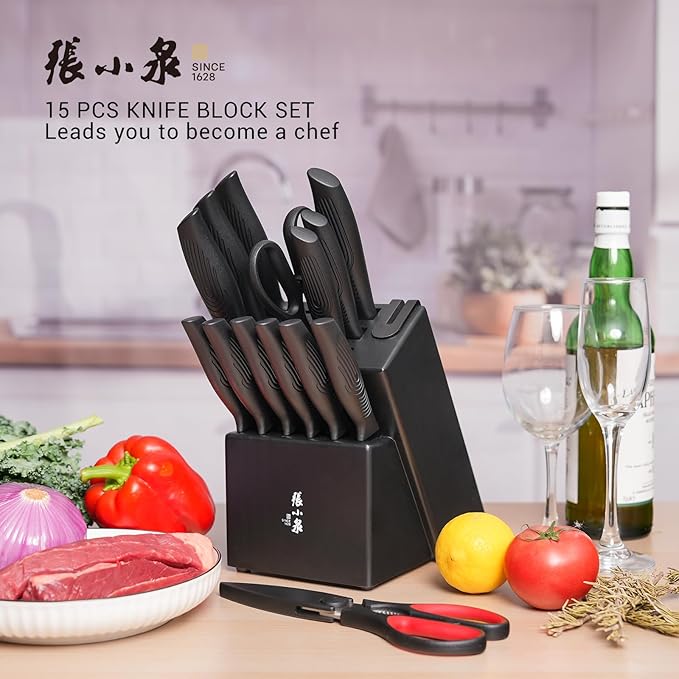 ZHANG XIAO QUAN SINCE 1628 15Pcs Knife Sets for Kitchen with Block,Knife Set with Built-in Sharpener Dishwasher Safe(Master A)