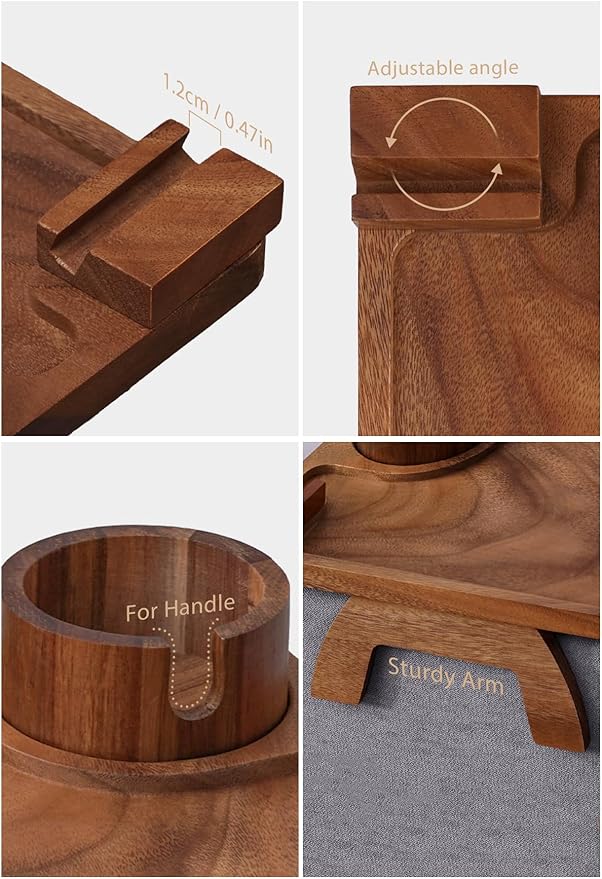 Sofa Arm Tray, Acacia Wood Couch Cup Holder, Portable Large Sofa Armrest Tray Anti-Spill Beverage Snack Remote Holder
