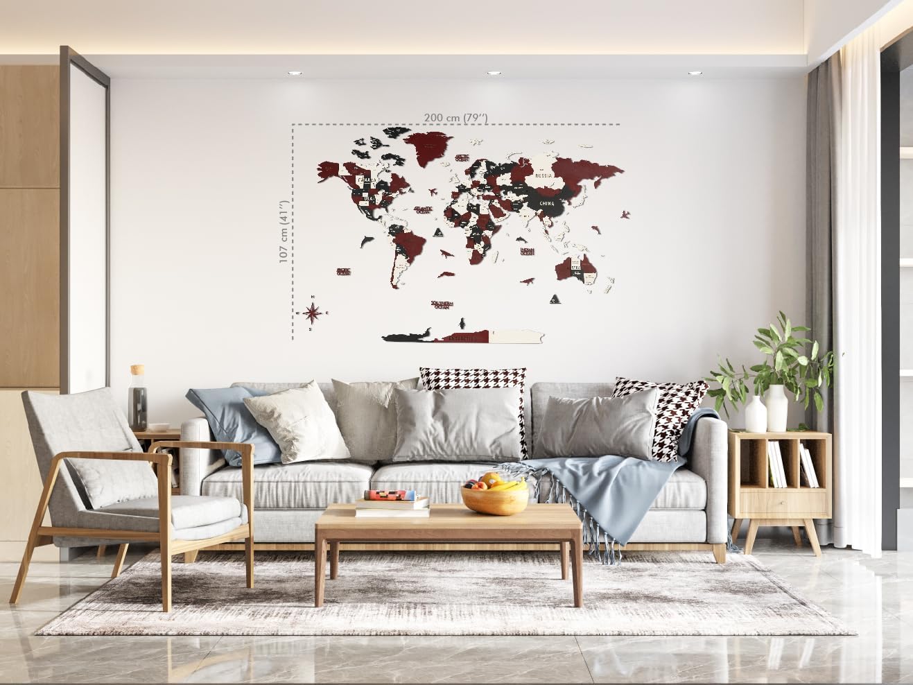 Colorfull Worlds 3D Wooden World Wall Art | Unique Wall Decor with Pins for Travel Enthusiasts | Home and Office Wall Décor | Burgundy | XLarge