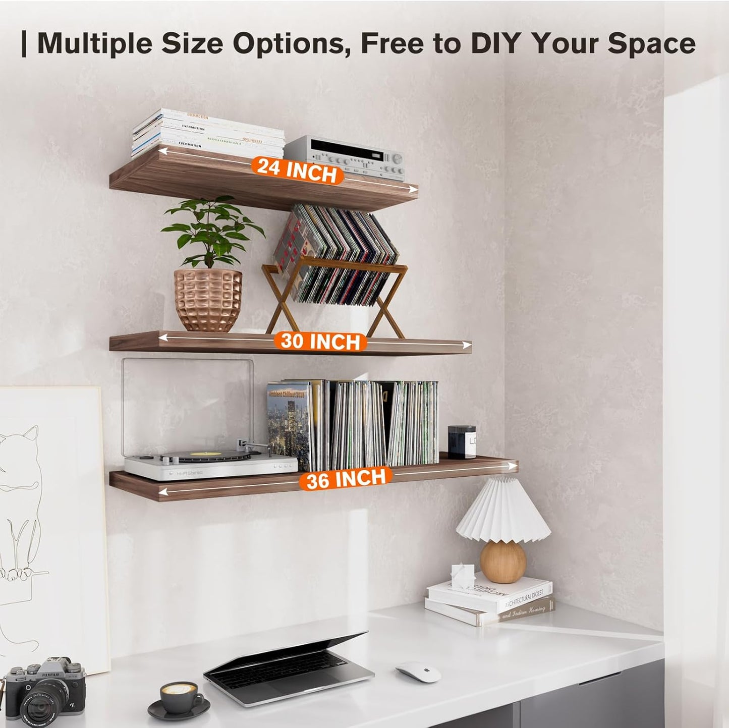 Wall Shelf Set of 2, Walnut Floating Shelves 24 in W x 10 in D x 1 in H, Wooden Floating Wall Shelf with Invisible Brackets for Living Room/Bedroom/Bathroom/Kitchen Storage and Decor