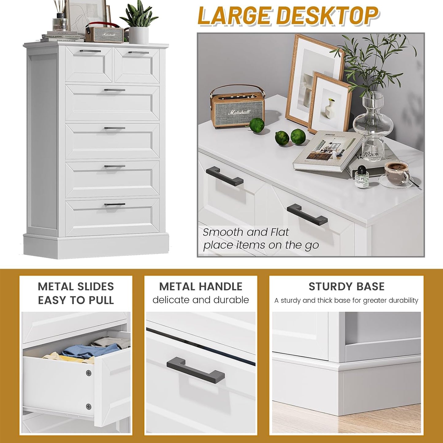 Odeekea White Dresser with 6 Drawers, Vertical Tall Dresser for Bedroom, Chest of Drawers for Nursery, Wood Closet Drawers for Hallway, Living Room, Entryway, 47” Tall Modern Farmhouse Style
