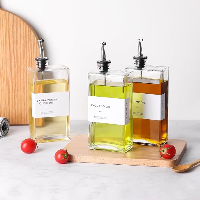 Olive Oil Dispenser Bottle for Kitchen, 3 Pack Glass Oil and Vinegar Dispenser Set, Elegant Book Design, Durable, Leak-Proof, Easy-Pour Spouts, Perfect for Kitchen, Dining Table (17oz)