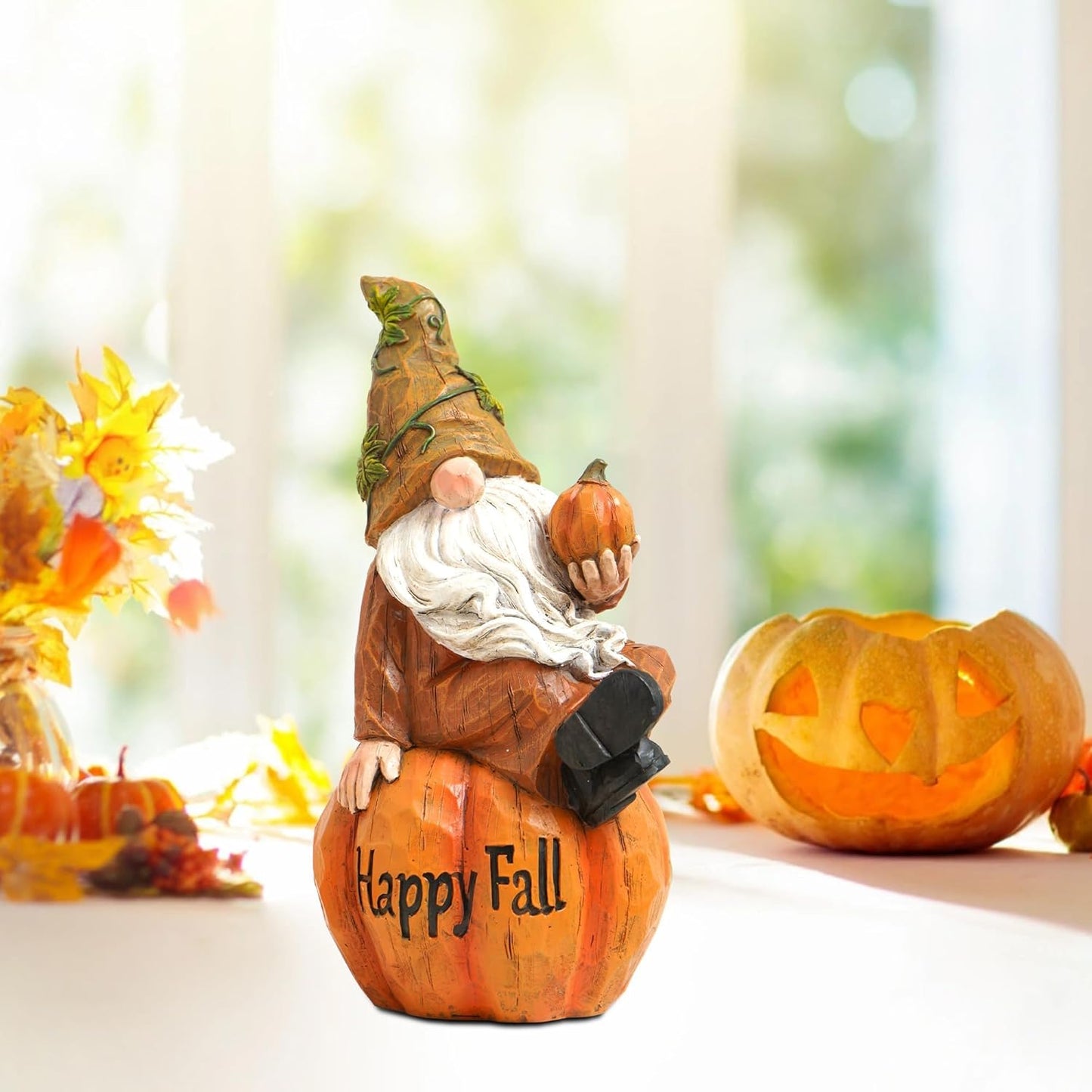 Topadorn Fall Garden Gnome Figurine Sitting on Pumpkin Statue Autumn Harvest Garden Gnomes Statue Figurine for Patio Yard Lawn Porch Decoration, Happy Fall