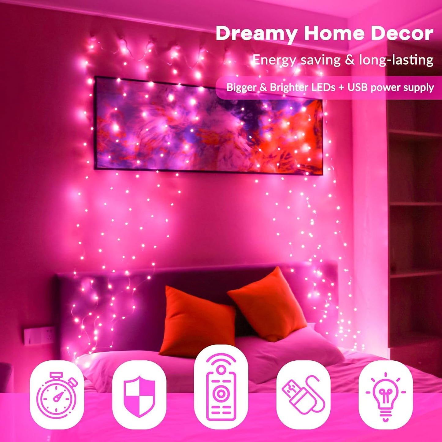 HXWEIYE 300LED Pink Fairy Curtain Hanging Lights with Remote 8 Modes Timer for Bedroom, 9.8x9.8Ft USB Plug in Christmas Fairy String Lights for Outdoor, Weddings, Party, Garden, Wall, Decorations
