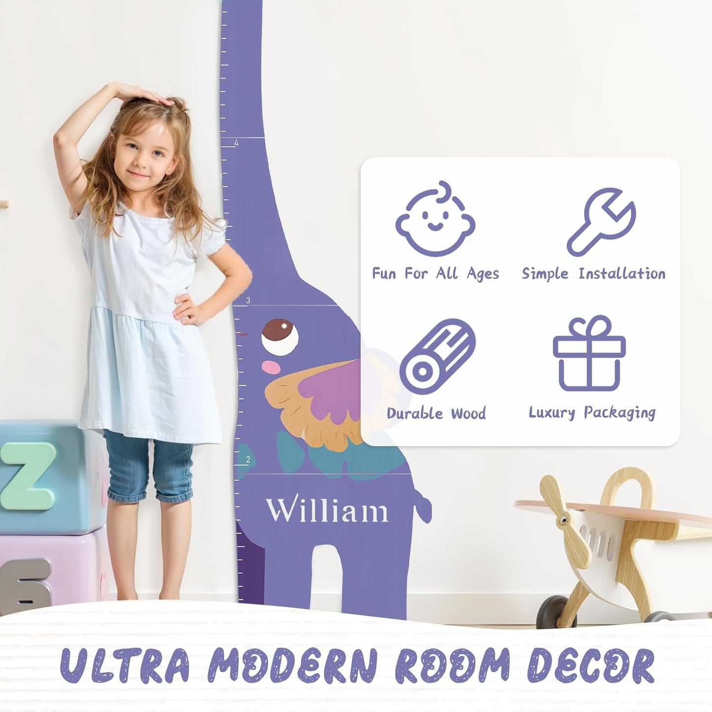 Personalized Name Growth Chart for Kids, Elephant Patchwork Wooden Height Chart for Wall Decor, Custom Height Ruler, Baby Boy Girl Measurement Ruler for Bedroom Playroom, Easy to Mark