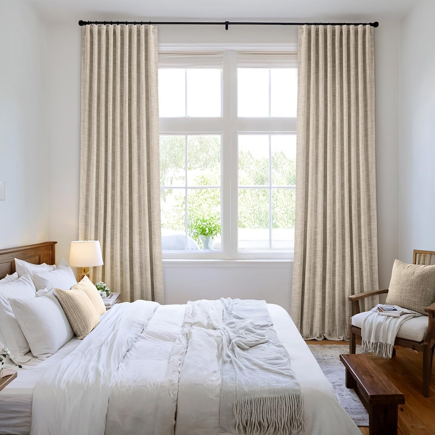 MIULEE Beige 100% Blackout Linen Curtains 105 Inch 2 Panels Set Double Sided No Coating Pleated Back Tab Black Out Long Thermal Insulated Pinch Pleat Bedroom Living Room Darkening Window Drapes