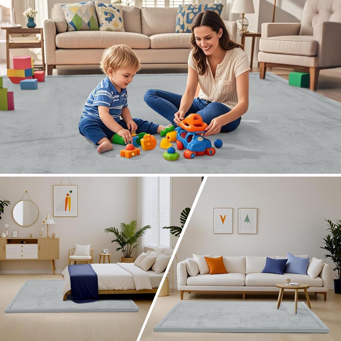 ACOMOPACK Baby Play Mat for Floor,1.3" Thick Memory Foam Area Rug for Living Room,Soft Velvet Crawling with Non-Slip Bottom for Kid,Toddler,39"×59" Tummy Time Nursery Rugs,Yoga(Light Grey)