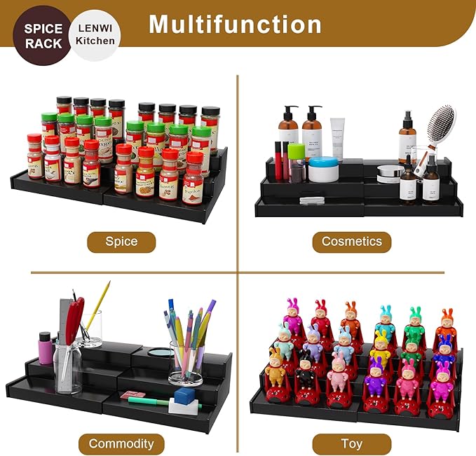 Spice Rack Organizer for Cabinet, 3 Tier Expandable Bamboo Spice Storage, Great for Kitchen Cabinet, Cupboard,Pantry and More(Black)