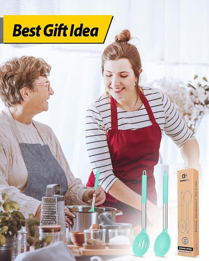 Pack of 2 Large Silicone Cooking Spoons,Non Stick Solid Basting Spoon,Heat-Resistant Kitchen Utensils for Mixing,Serving,Draining,Stirring (GREEN)