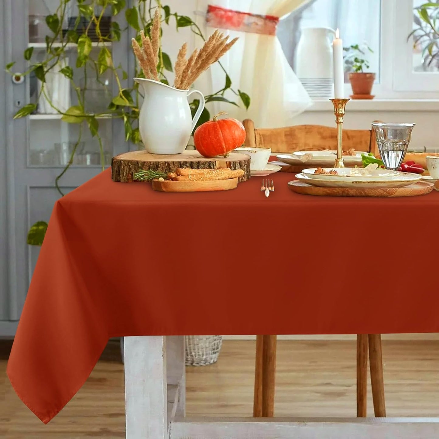 sancua Fall Tablecloth for 6 Foot Tables, 60 x 102 Inch Burnt Orange - Stain and Wrinkle Resistant Rectangle Table Cloth, Fabric Thanksgiving Table Cover for Dining Buffet Parties, Rust Pumpkin Orange