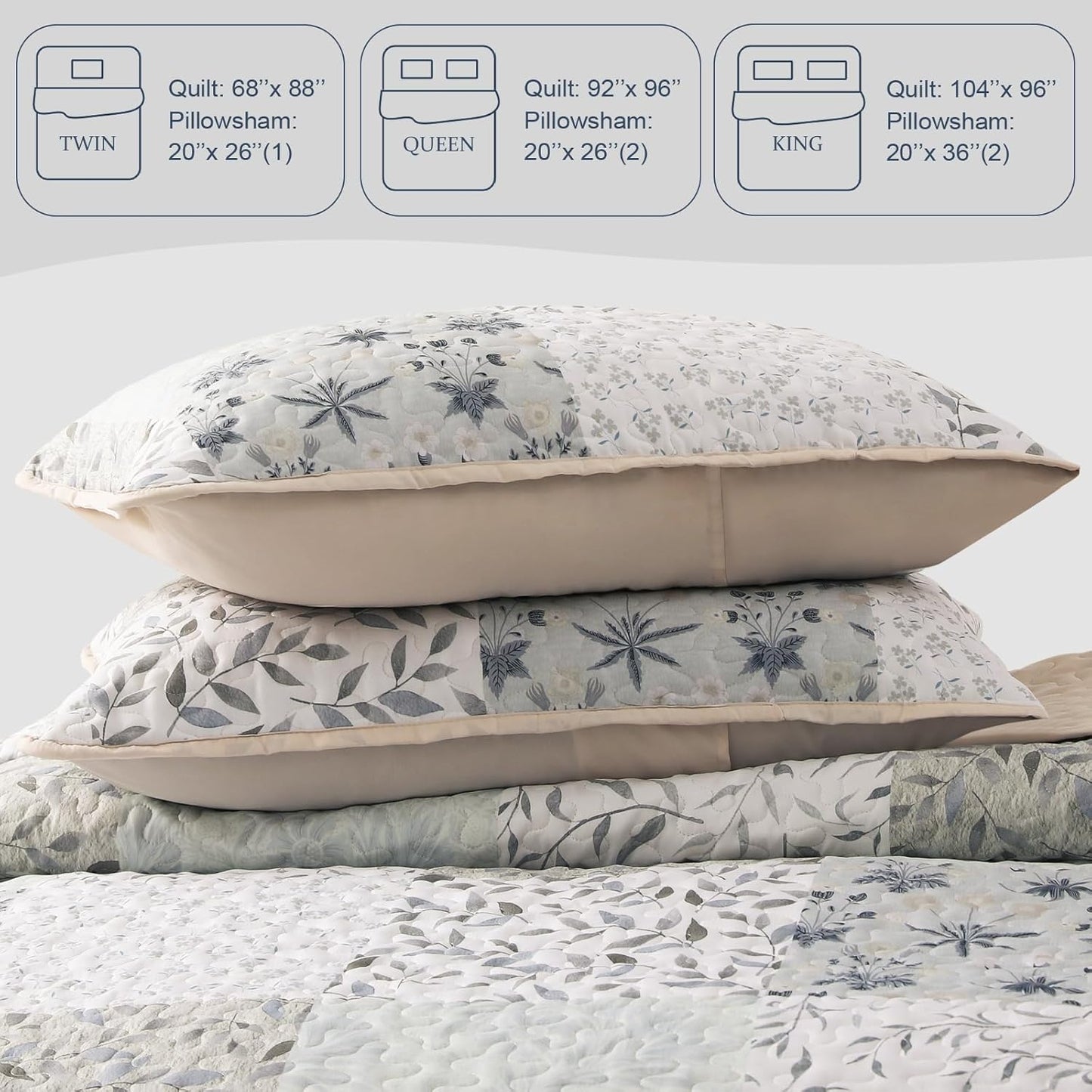 Exclusivo Mezcla Reversible Boho Quilt Set King Size, 3 Pieces Patchwork Gray All Season Bedspreads, Ultra Soft Floral Coverlet Bedding Set with Printed Pattern (1 Quilt, 2 Pillow Shams)