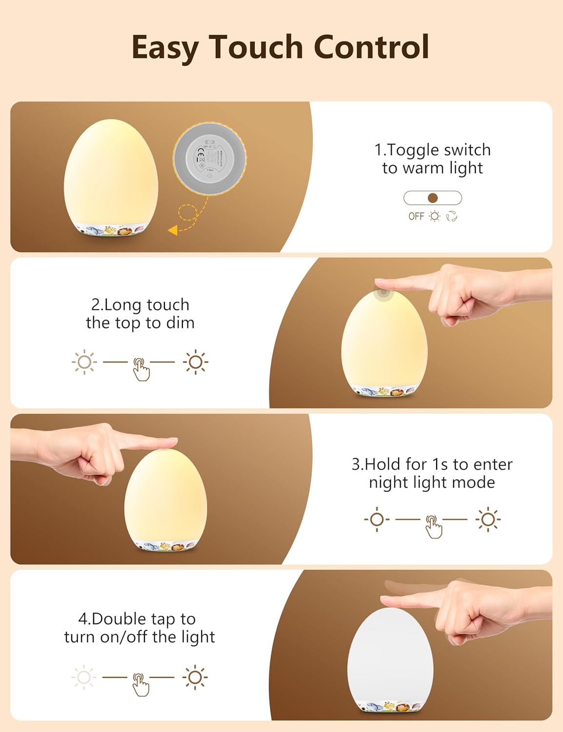 MediAcous Night Light for Kids & Babies - 7 Color LED Touch Lamp with Stepless Dimming for Nursery & Bedroom