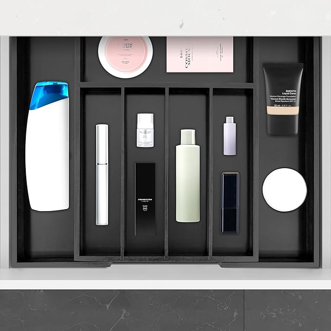 VaeFae Bamboo Drawer Organizer, Expandable Silverware Drawer Organizer, Cutlery Tray with Dividers for Kitchen Utensils (Black, Medium)