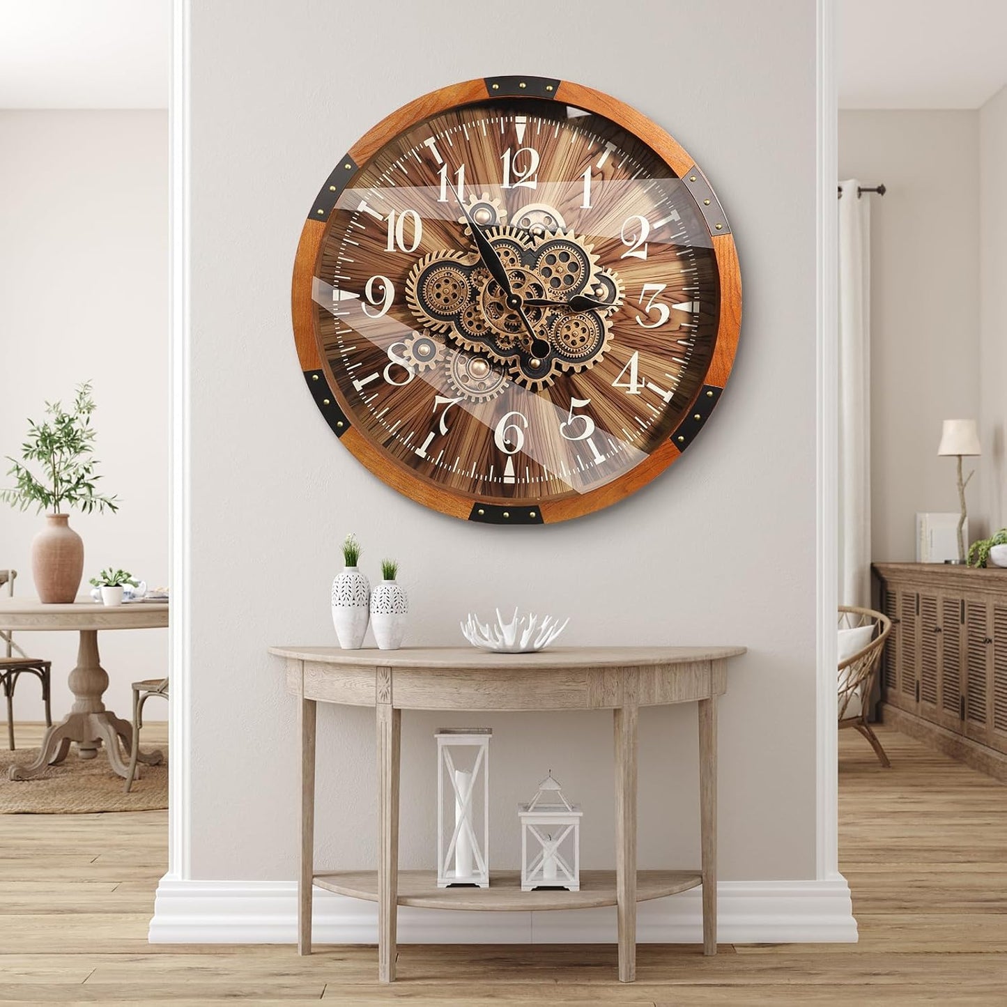 Wall Clocks for Living Room Decor, Large Real Moving Gears Clock, Vintage Industrial Oversized Rustic Farmhouse Kitchen Office Fireplace Wall Decor (Brown, 27 inch)