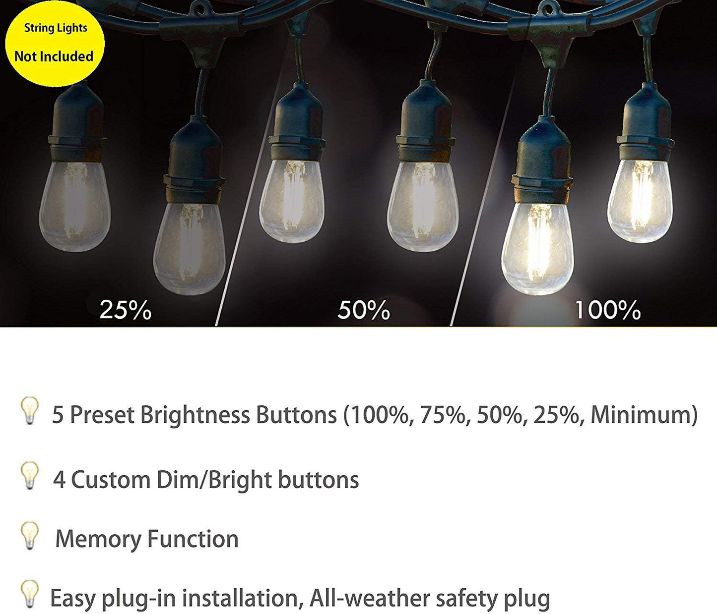 Max Power 200W Waterproof Outdoor String Lights Wireless Remote Control, 150Feet Range, Memory, Stepless Dimming, IP68 Waterproof. UL 3 Prong Remote Control Dimmer