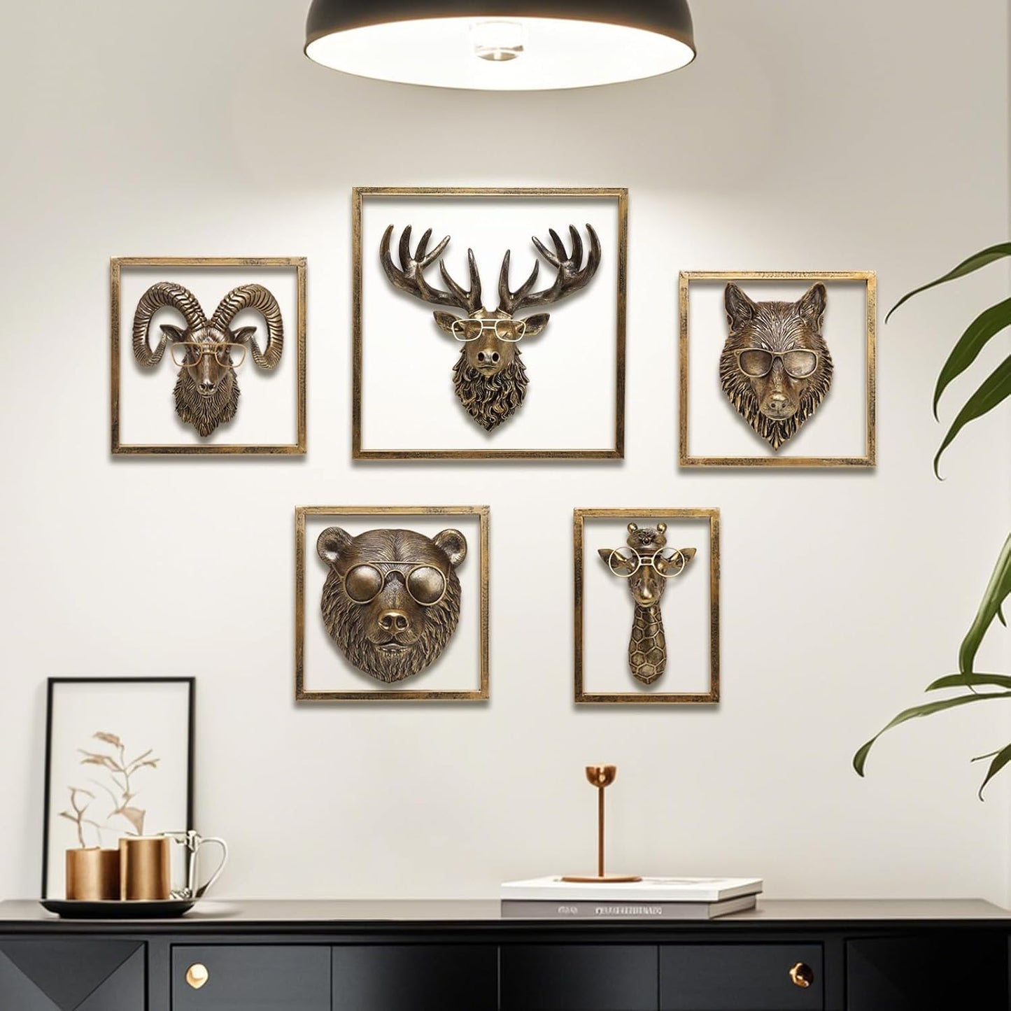 JJALIGHTS Animal Heads Wall Decor Resin Animals Sculptures Head Wall Hanging Decoration Imitation Copper vintage Wall Sculpture for Living Room Bedroom Office(Deer,not include metal frames)
