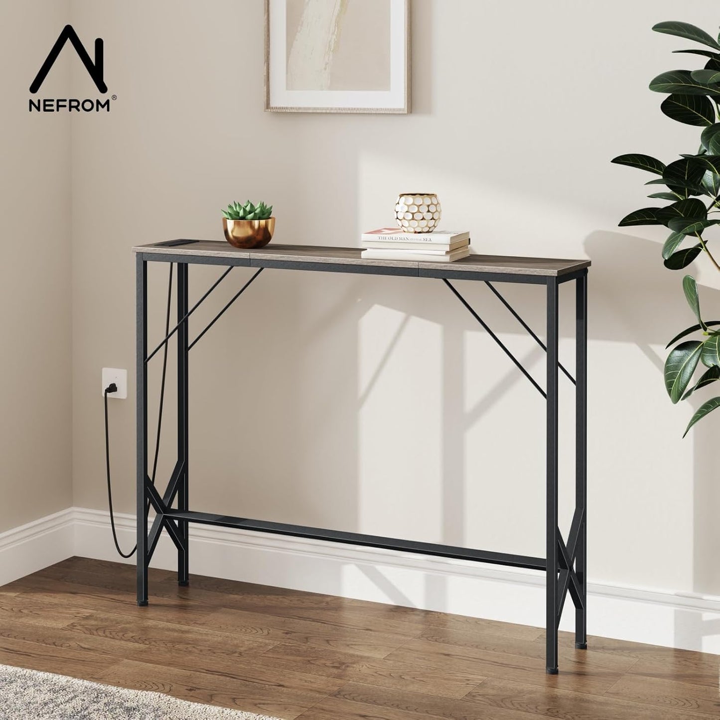 Console Table, Skinny Entryway Table with Fast-Charging Station, Narrow Long Sofa Table, Behind Slim Couch Table for Entrance, Hallway, Living Room Decor ST-GY100-1