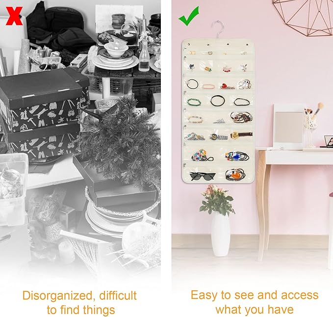 Freegrace Hanging Jewelry Organizer Revolving Hanger - Secure Zipper Closure - 50 Pockets - Foldable Storage & Display Solution - For All Jewelry & Bijoux (Beige)