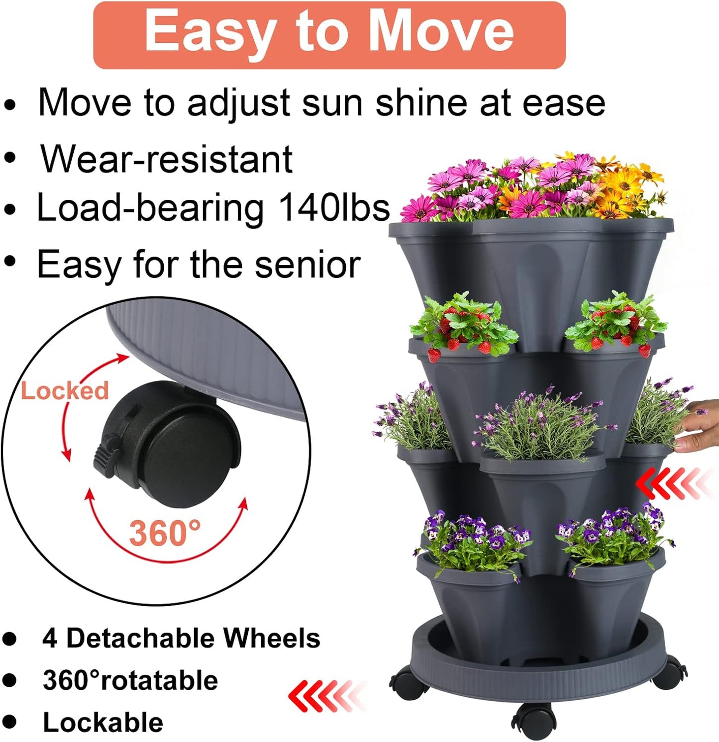DUNCHATY Stackable Planter, Vertical Garden Planter with Wheels and Tools, Self Watering Strawberry Planter Indoor/Outdoor 4 Tier Herb Planter Pots for Growing Vegetables and Succulents, Dark Gray