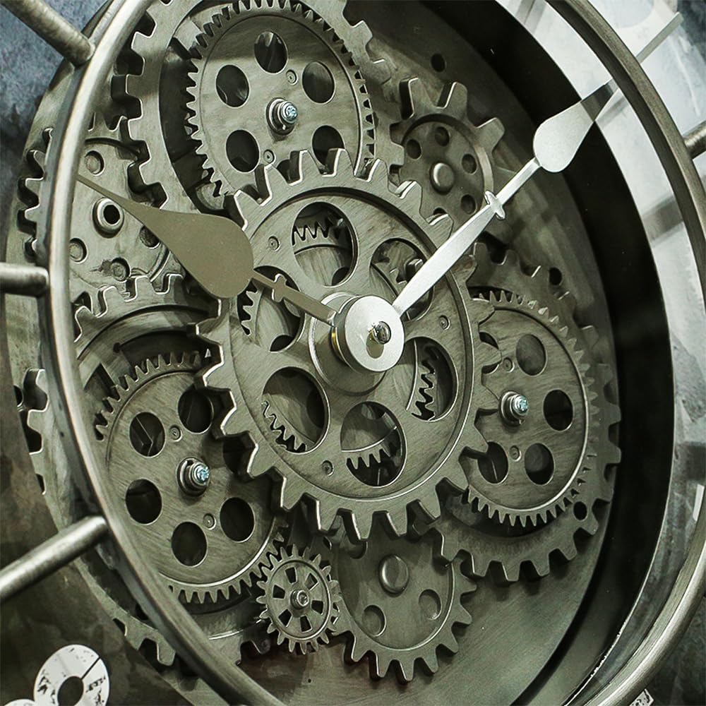 18 Inch Wall Clock with Moving Gears, Oversized Large Industrial Steampunk Decoration, Antique Metal Big Numeral Wall Clocks for Kitchen Study Room Living Room Decor (World Map Classical Gold)