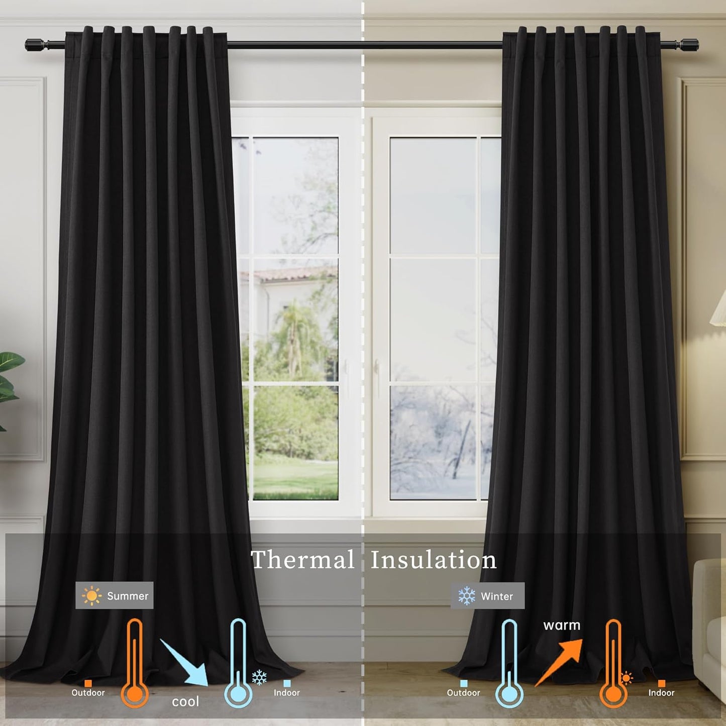 BOODII 108 Inch Black Out Curtains 2 Panels Set Back Tab Thermal Insulated Black Linen Textured Blackout Curtains Noise Reducing for Farmhouse Living Room Darkening Window Drapes 52x108