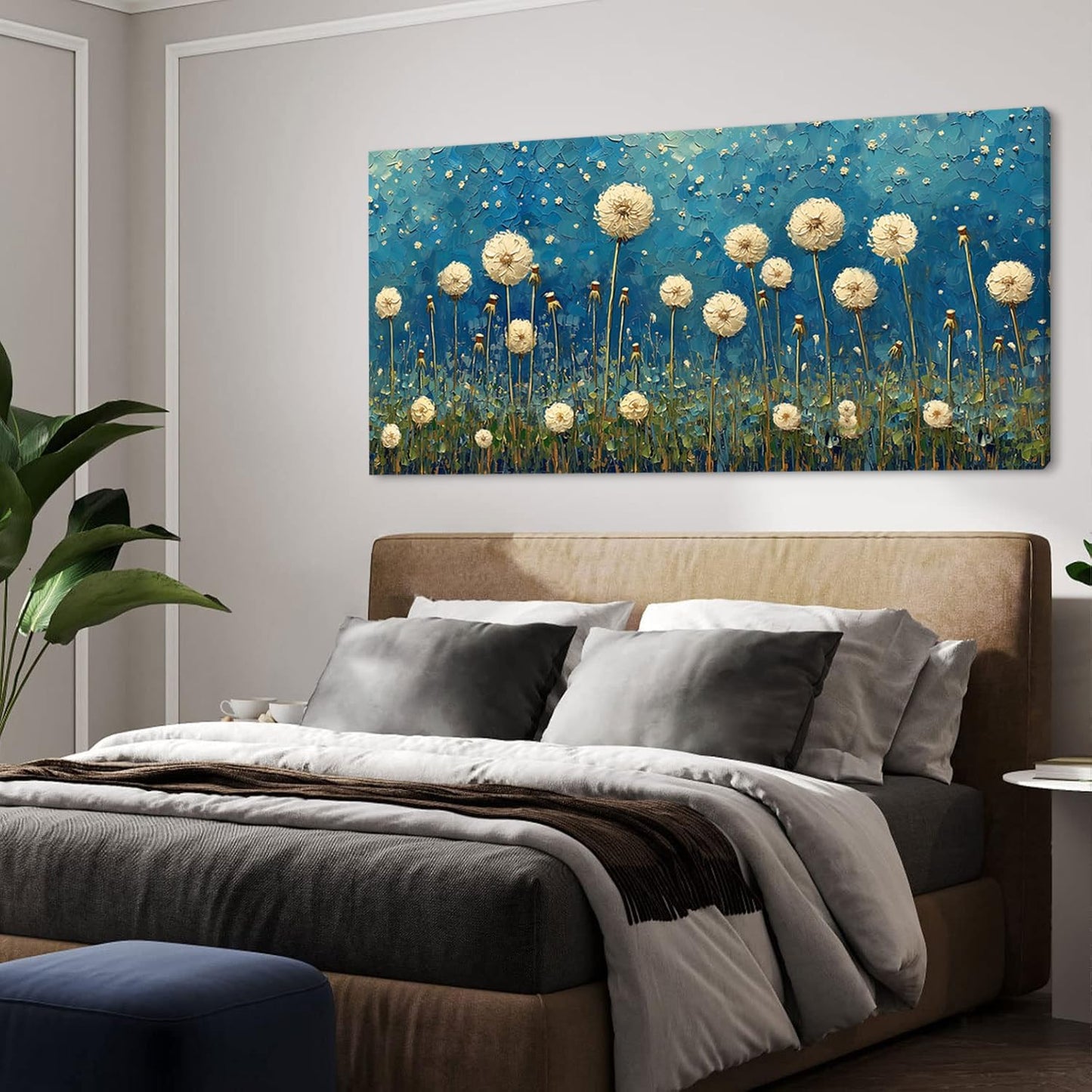 LASMOND Teal Dandelion Wall Art for Living Room Abstract Blowball Canvas Painting Prints Large Flower Floral Grassland Bedroom Decoration Modern Artwork Decor (46x23 Inches)