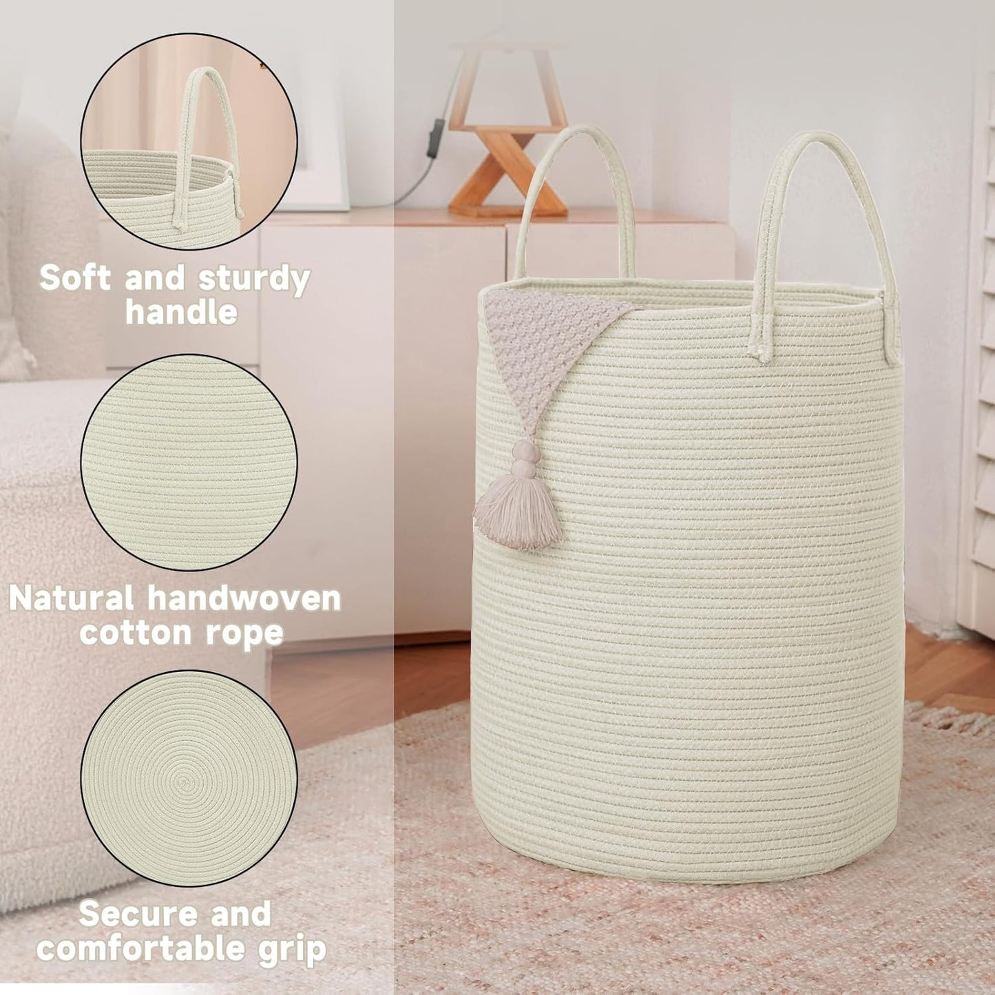 Large Woven Laundry Basket Hamper,80L Cotton Rope Storage Bin for Blankets,Toys and Clothes,Decorative Tall Nursery Hamper for Living Room,Baby Nursery,Bathroom and Bedroom,White