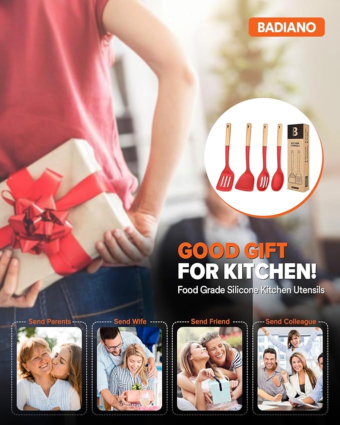 Silicone Cooking Utensils Set, Perfectly Angled for Frying, Mixing,Serving,Draining,Turning and Stirring, BPA-Free Matte Silicone, Wood Handles, Safe for Nonstick Cooking Surfaces,4 Pack (Red)