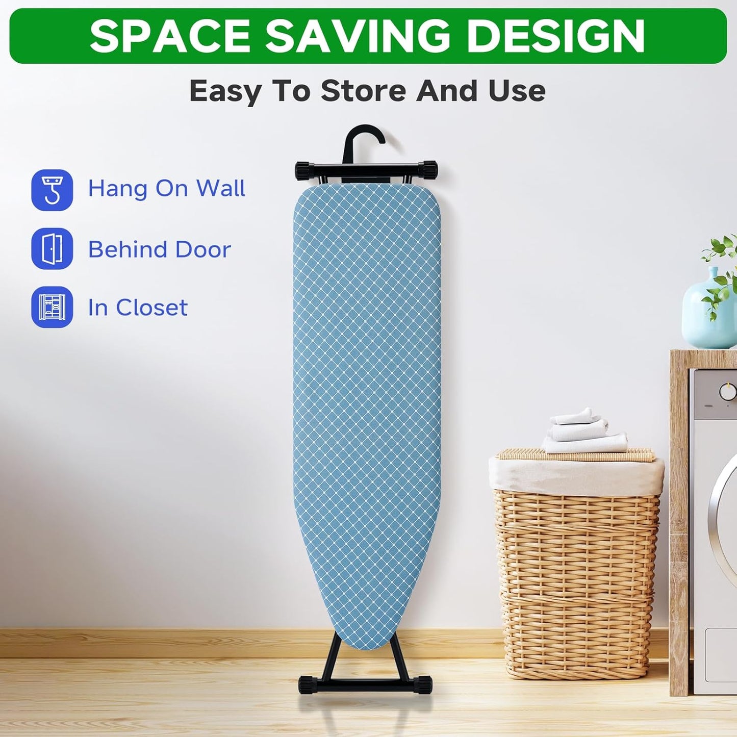 Compact Ironing Board 13 x 43, Iron Board with Heat Resistant Surface, Adjustable Height, Space Saving Table with Hook & Iron Rest for Home & Laundry Room, Diagonal Checkered Blue