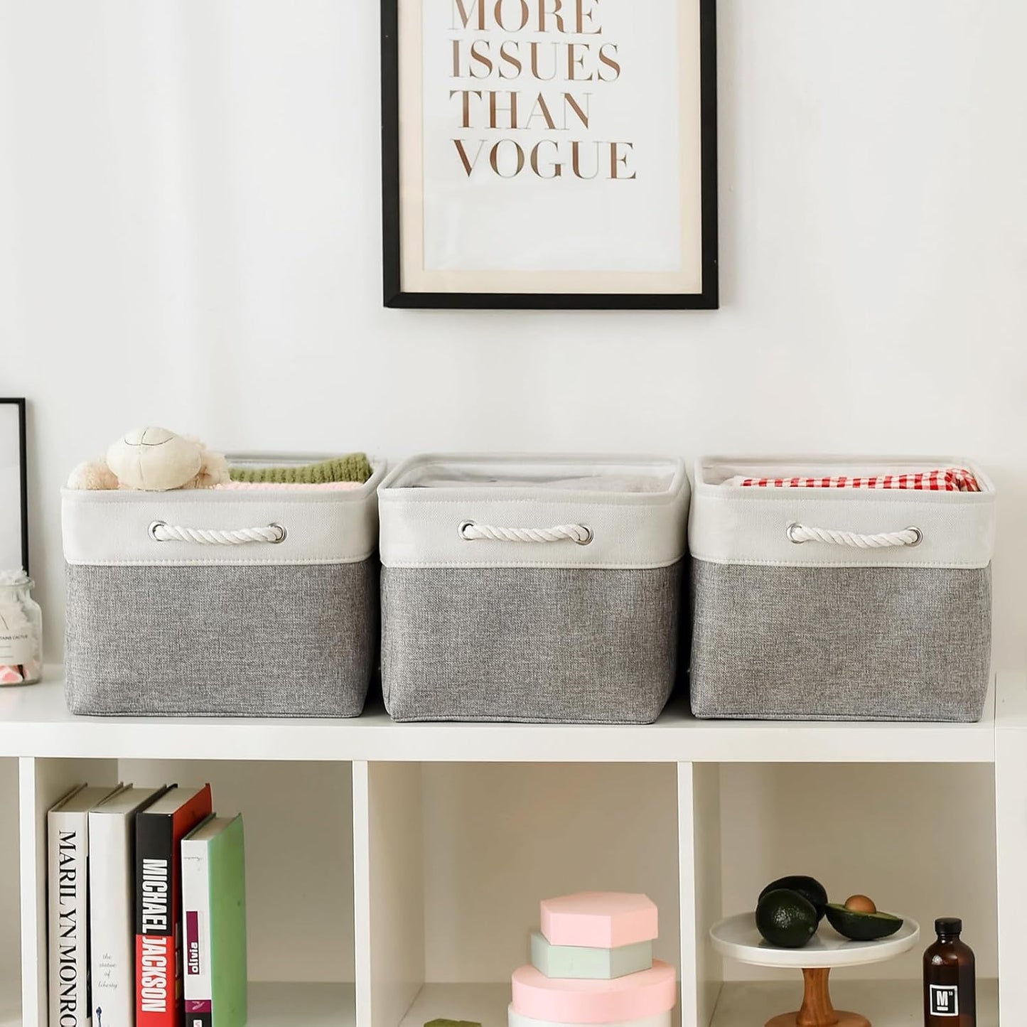 TheWarmHome Storage Baskets for Organizing, X Large - 3 Pack 17.7L×13.8W×9.8H in Foldable Storage Bins for Shelves, Fabric Storage Box for Closet Nursery Toy Gift (White & Grey)