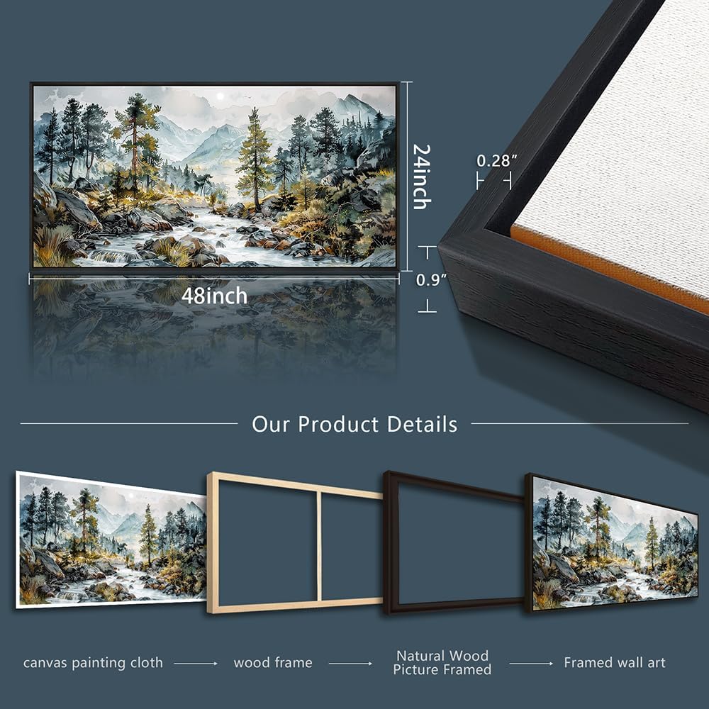 PHAOHUAXM Large Wall Art For Bedroom Wall Decor For Living Room Office Decoration Rivulet View Painting Forest Tree Landscape Watercolour Pictures Canvas Artworks Home Decor Black Framed 24x48 In