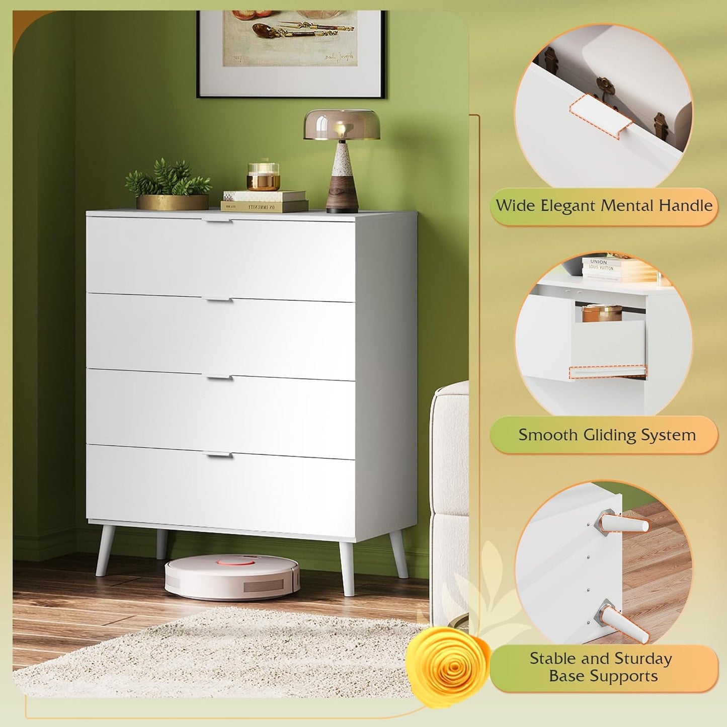 WLIVE 4 Drawer Dresser for Bedroom, Tall Wood Dresser, Modern White Dressers with Sturdy Metal Handle, Small Chest of Drawers for Living Room, Hallway