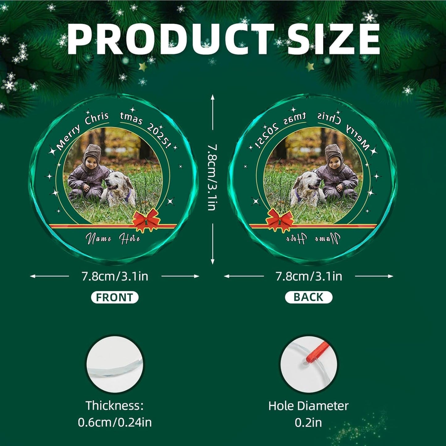 Personalized Christmas Ornaments, Custom Glass Ornament with Name/Photo/Text,Customized Christmas Tree Decor Gifts for Family, Dad, Mom, Him, Her, Couple, Red Ribbon