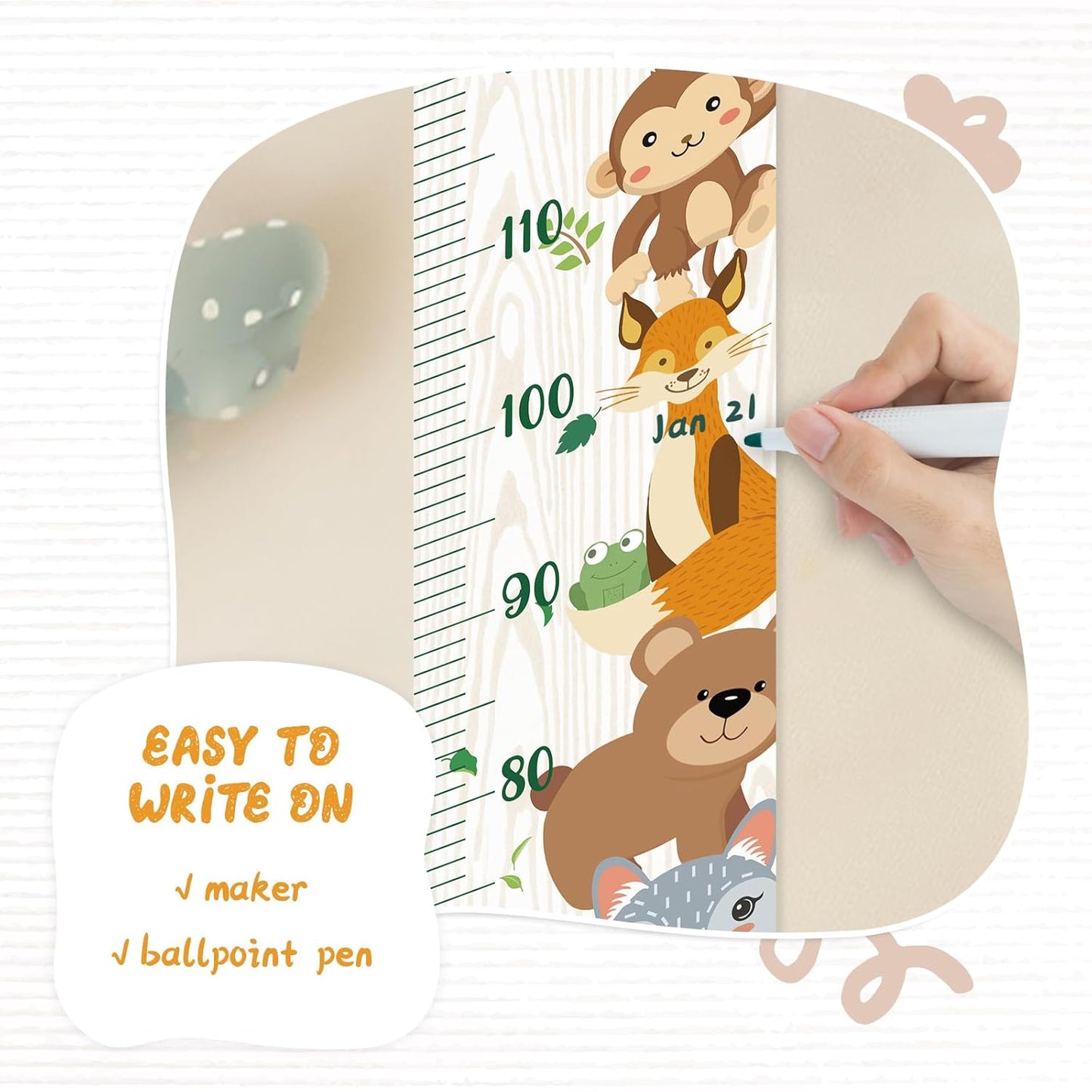 Personalized Name Growth Chart Wall Decor for Kids – Canvas Removable Height Chart Measuring Ruler 59" x 7.9" (Zoo)