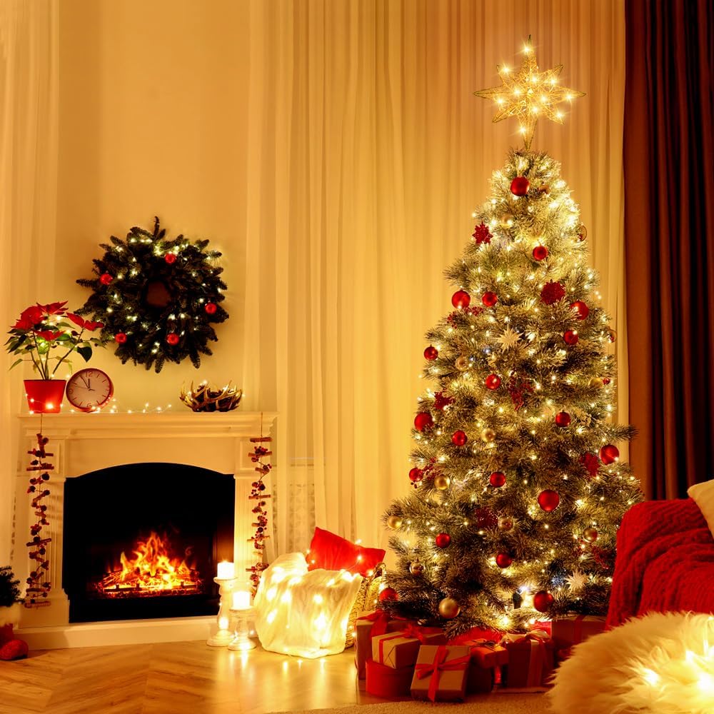 Christmas Tree Topper Lighted 13.5” Gold Star Tree Toppers with 20 LED Lights Christmas Tree Top Ornament for New Year Holiday Home Office Indoor Decorations