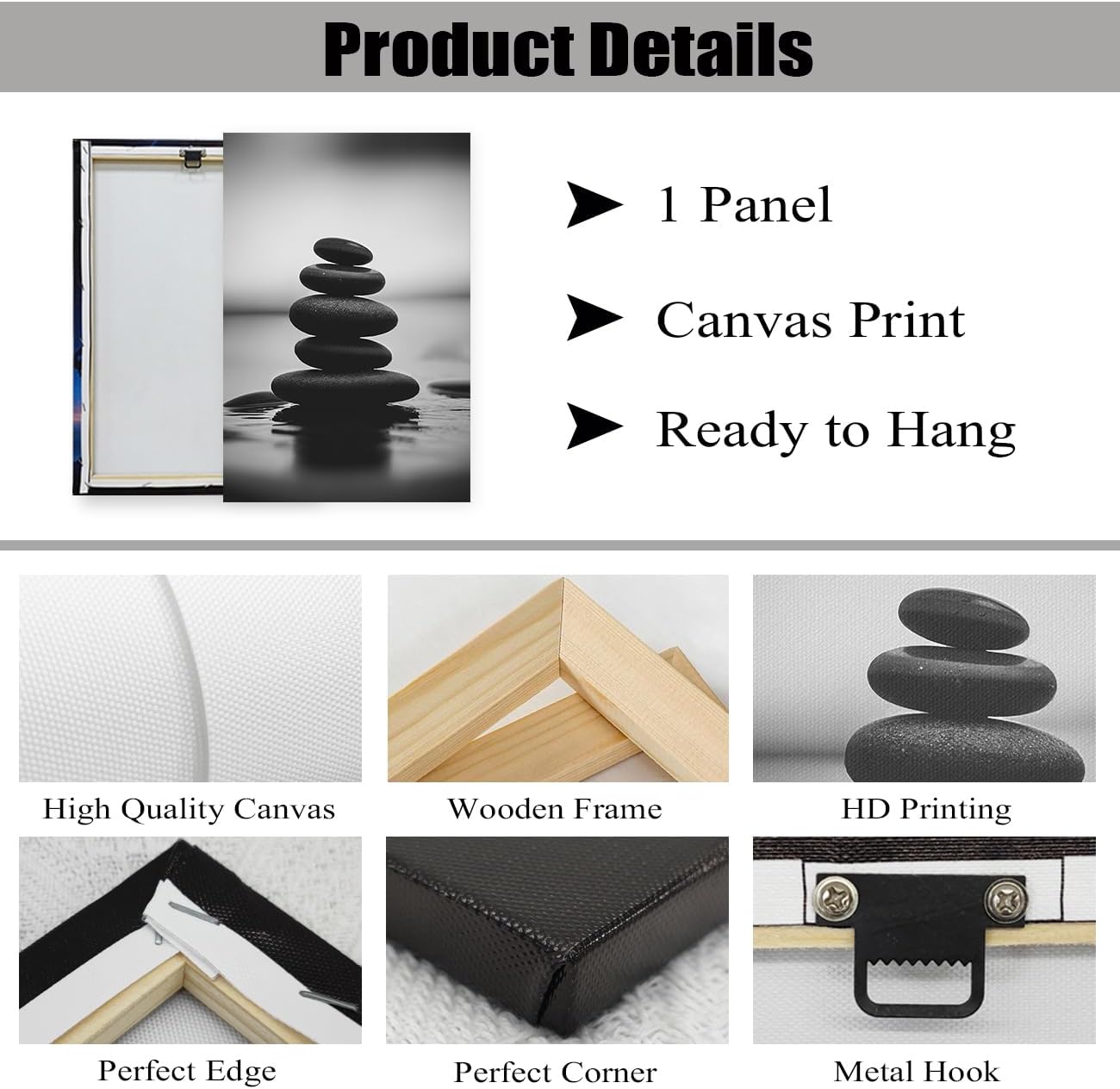 DOARTDO Zen Canvas Wall Art Black and White Zen Stone Picture Print Meditation Relax Spirit Spa Room Bathroom Decor Frame (28.00" x 42.00", Zen Stone - 3)
