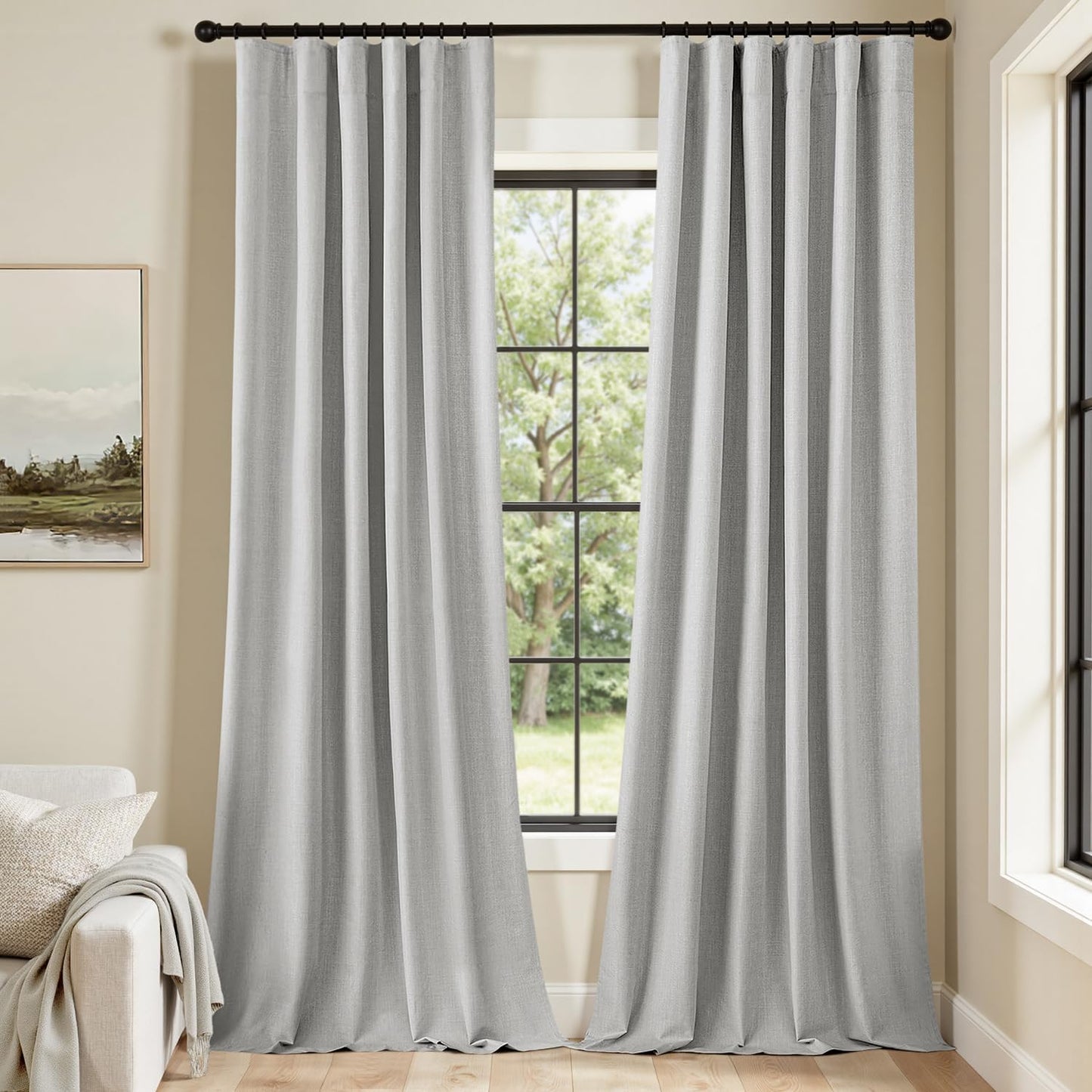 MIULEE 100% Blackout Curtains 102 Inch Long 2 Panels Set for Bedroom, Thick Faux Linen Black Out Curtain Room Darkening Back Tab Pleat Floor to Ceiling Window Drapes with Hooks for Living Room, Grey