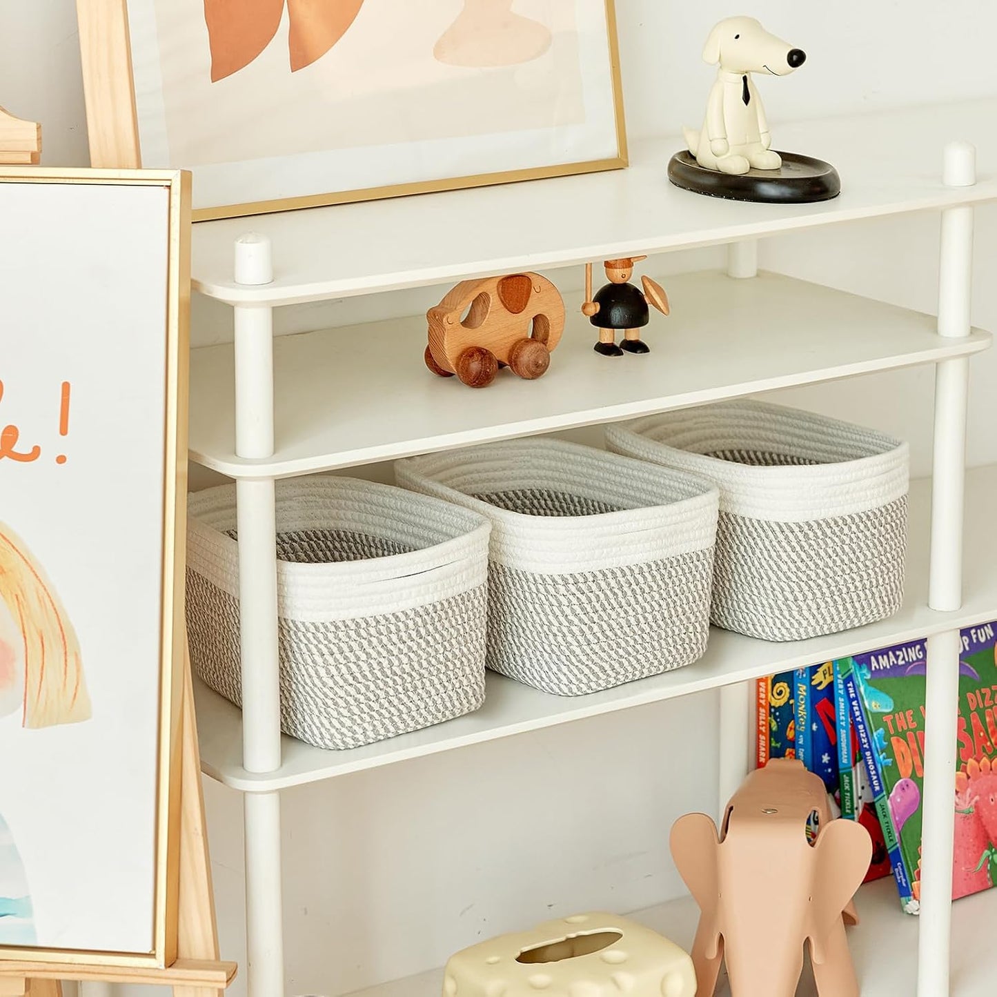 Small Cotton Rope Storage Basket Set of 3-11"x7"x7" Perfect Woven Baskets for Storage, Ideal Storage Baskets for Organizing Toys, Towels, and More - Baskets for Shelves(White & Mixed Grey)